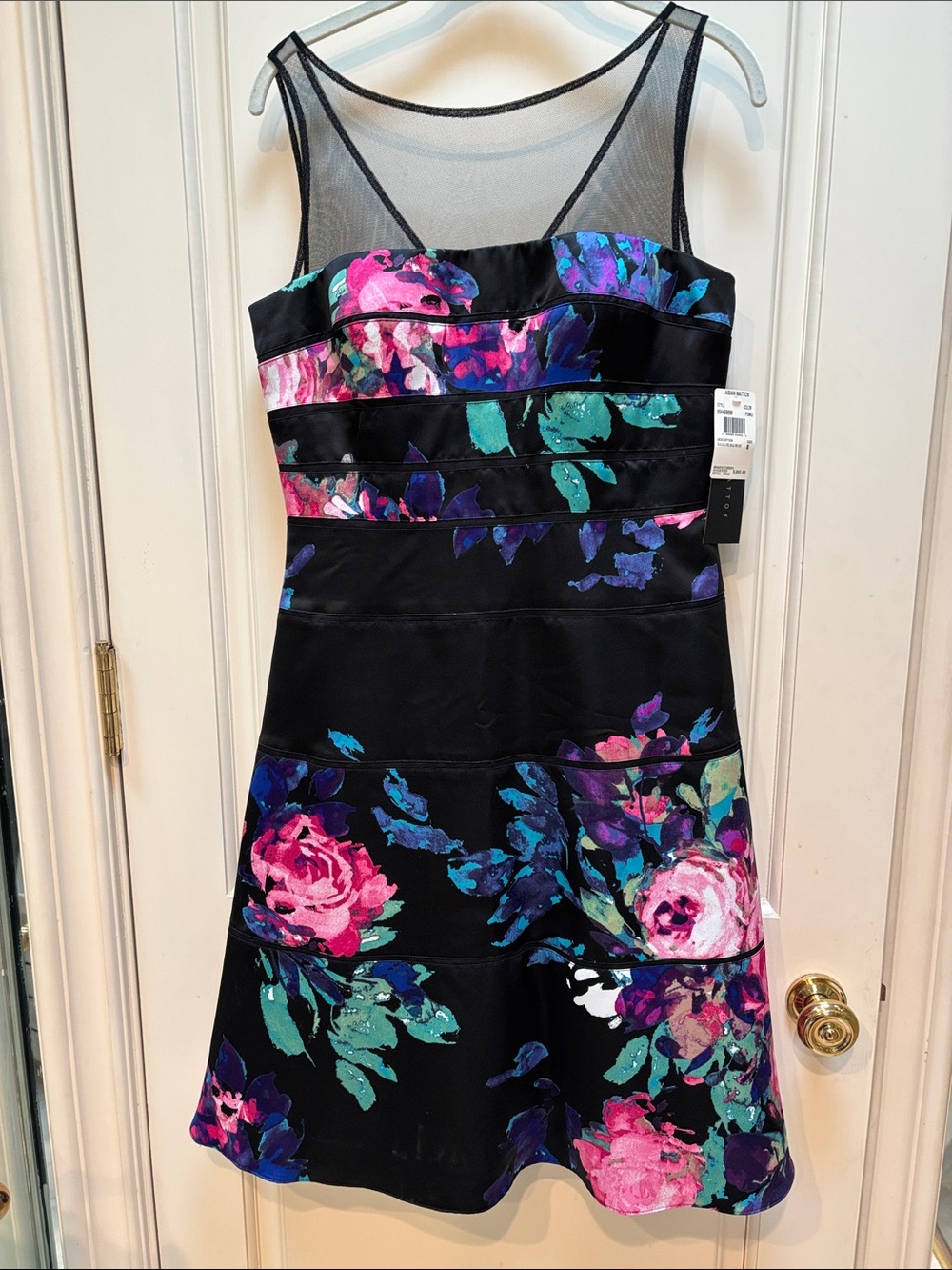 Aidan Mattox Black Floral Fit-and-Flare Dress with Mesh Yoke